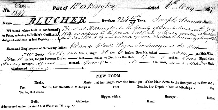 Blucher, Snow, Registry entry 1847